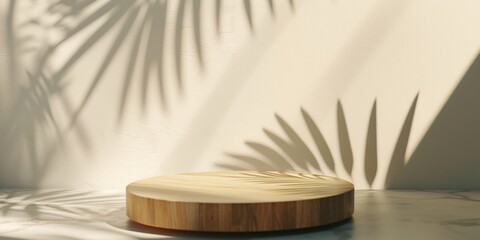 Minimal design graceful natural wood podium with palm leaf shadow on pastel beige background, tropical natural product display stage, concept of natural material and elegant fashion style.