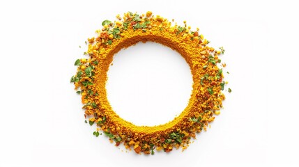 Turmeric (Curcuma) powder pile, round frame and border isolated on white background, top view