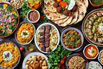 Feast for the senses: Overhead view of a table adorned with richly colored Middle Eastern dishes. - obrazy, fototapety, plakaty