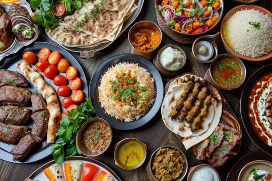 Vibrant flavors: A bountiful table laden with Middle Eastern dishes, a visual and gastronomic delight.