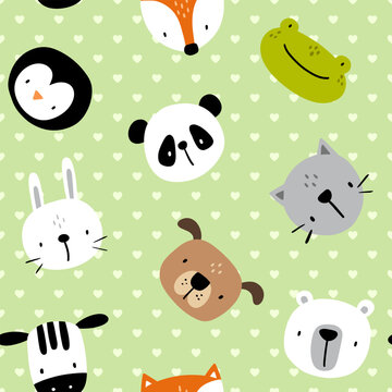 Cute hand drawn zebra, fox, dog, bear, kitten, bunny, panda, penguin, frog face on a polka dot green heart shaped background. Kids seamless pattern for textile, fabric, for boy and girl.