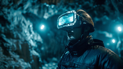 A gold miner outfitted with VR glasses, standing in a rugged mine, utilizing virtual reality to navigate and strategize extraction methods in a fusion of traditional mining and futuristic technology. 