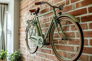 bicycle hanging from a brick wall