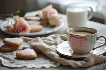 A charming tea setup featuring heart-shaped cookies, a cup of coffee, and a white plate on a beige napkin - Powered by Adobe