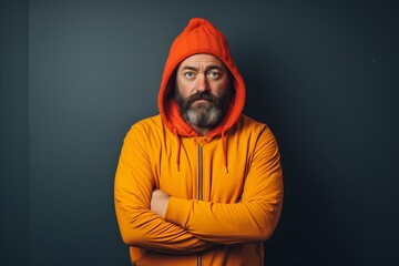 Bearded man in orange hoodie with crossed arms on dark background