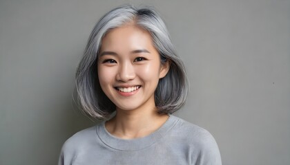 Fototapeta premium Beautiful asian with grey hair smiling standing near the wall