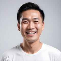 Fototapeta premium Closeup portrait of happy asian man face, isolated on white background with copy space.
