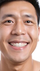 Closeup portrait of happy asian man face, isolated on white background with copy space.