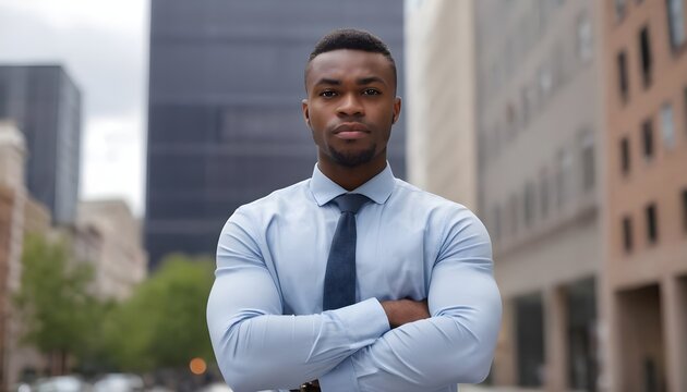 Business man standing with arms crossed, looking confident and proud in the city alone. Portrait of a black male entrepreneur or worker showing vision, ambition and success with arms folded downtown