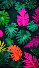 Naklejka premium Creative fluorescent color layout made of tropical leaves. Flat lay neon colors. Nature concept.