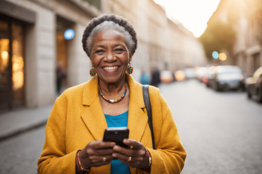 Joyful elderly black Afroamerican woman smiling and using mobile phone on the street, natural sunlight at golden hour with out of focus blurred background, copy space - Powered by Adobe