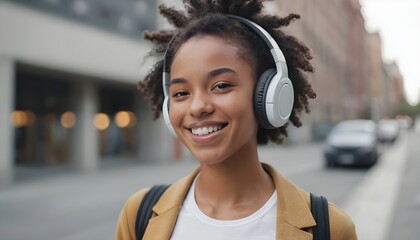 Portrait of smiling young african american woman with wireless headphones in city