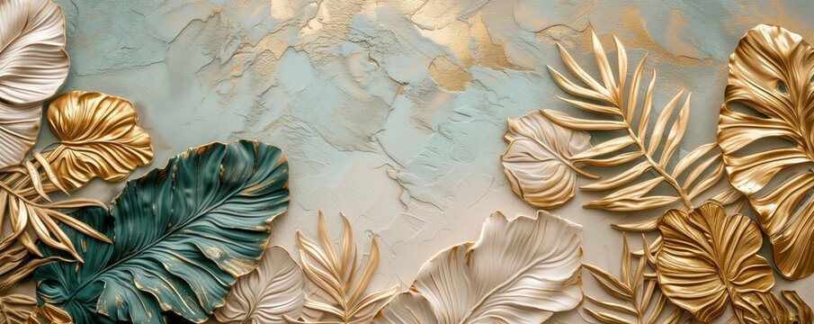 Fototapeta Golden Jungle Elegance White and Gold-Foil Inspired 3D Wallpaper Art
