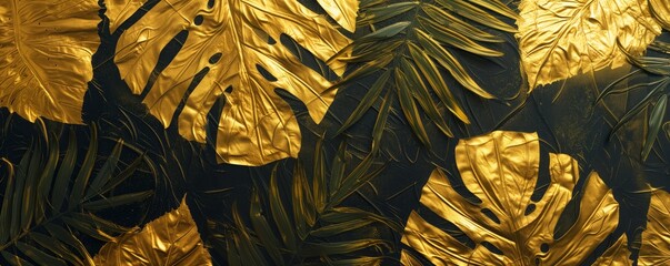 Tropical Jungle Elegance Gold Leaf Texture Imitation Wallpaper - Photorealistic Lush Forest Design for Arts, Crafts, and Luxury Decor