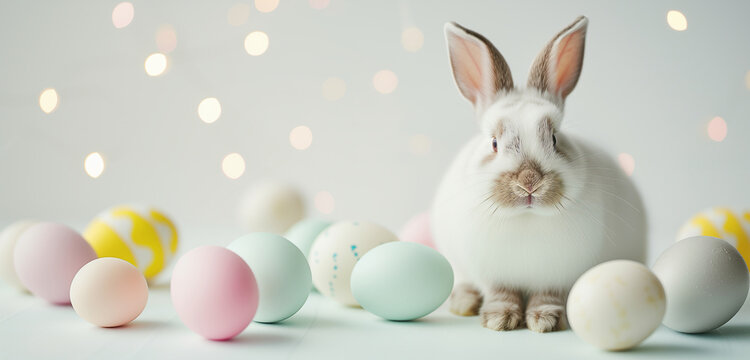 White rabbit with pastel Easter eggs. Holiday concept. Background image for greeting card, spring postcard, banner, flyer, advertising.