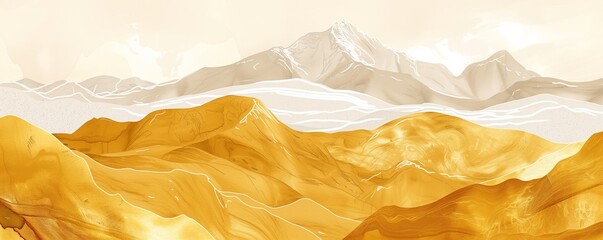 Golden Peaks Elegance - Cozy and Majestic Mountain Landscape Illustration in Gold and White Palette