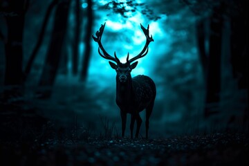 Glowing Antlers Mystical Deer with Neon Horns in Enchanted Night Forest - Full-Length Silhouette