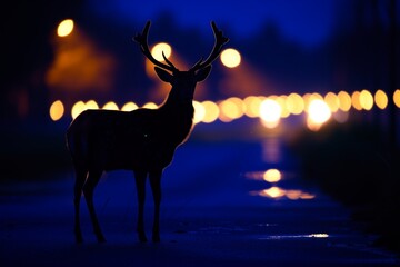 Neon Antlered Deer Silhouette on Nocturnal Path - Vibrant Fauna Series