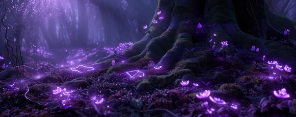 Mystical Moonlit Swamp Scene with Glowing Purple Runes on Moss-Covered Tree Roots and Luminous Flowers