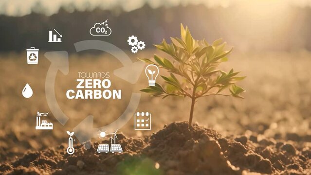 Net zero , carbon neutral concept 2050. Net zero greenhouse gas emissions target. Climate neutral long term strategy with  net zero icons with young green plant.Generative AI