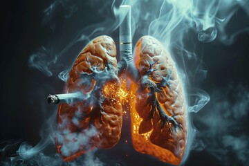 Abstract human lungs in tobacco cigarette smoke. Concept for quitting smoking and No Smoking Day. Backdrop - obrazy, fototapety, plakaty