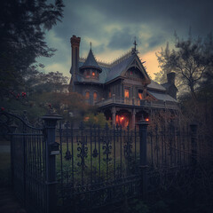 Mysterious Haunted House at Twilight with Eerie Atmosphere