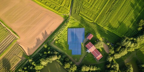 Aerial View of a Sustainable Farm with Solar Panels in the middle of the plantation, Solar power plant in agriculture
