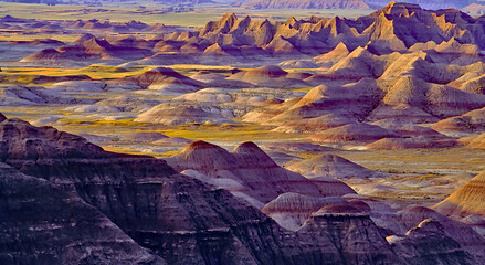 South Dakota Badlands - The sun sets on the rugged geological formations within the Badlands National Park in Southwestern South Dakota about 50 miles east of Rapid City