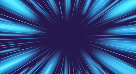 Light speed blue rays, perspective tunnel with neon radial traces. Motion effect and abstract bright zoom road. Comic manga vector illustration - obrazy, fototapety, plakaty