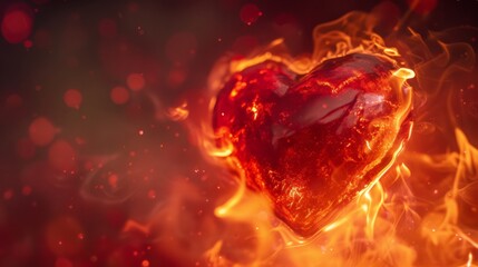 Burning heart on red background, Valentine's Day background