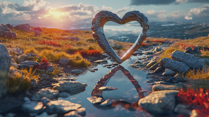 Fototapeta premium Sunset heart: Rocky heart floating above mountain stream, a gateway to another reality.
