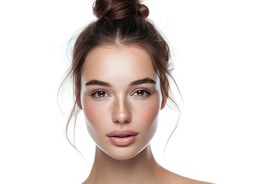 portfolio shot of 25 years old model with perfect skin, brown sleek hair bun, symmetrical, brown eyes, no makeup, relaxed face, open forehead, isolated on the white background -  generative ai