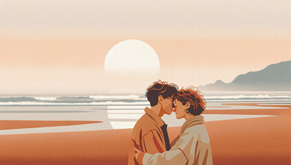 Illustration of a couple embracing in the beach