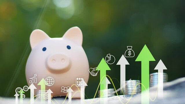 Finance and business concept. Concept of savings and investments . Piggy bank  with growth arrows and icons.Investment graph and rows growth of coins. Concept of investing 