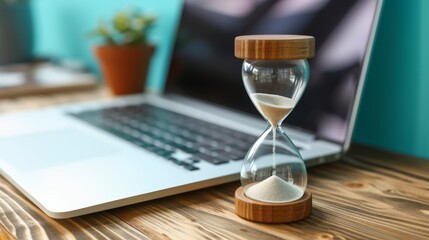 Laptop and hourglass on wooden table, concept of managing time at work