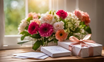テーブルの上に置かれた花束とプレゼント