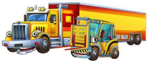 Naklejka premium cartoon scene with heavy cargo truck and concrete mixer talking togehter being happy illustration for children