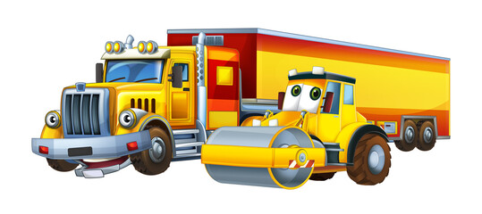 Naklejka premium cartoon scene with heavy cargo truck and concrete mixer talking togehter being happy illustration for children