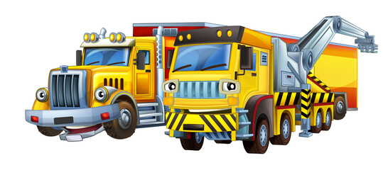 cartoon scene with heavy cargo truck and concrete mixer talking togehter being happy illustration for children