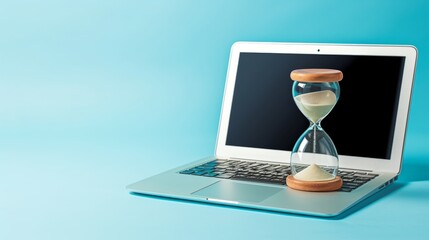 Laptop and hourglass on blue background