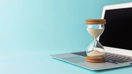 Laptop and hourglass on blue background