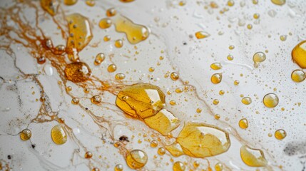 Detailed examination of cooking oil splashes on a kitchen counter, highlighting the reality of home cooking
