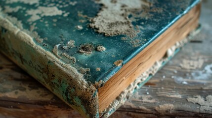 Detailed view of mold growth on a book cover, showcasing the effects of dampness and degradation