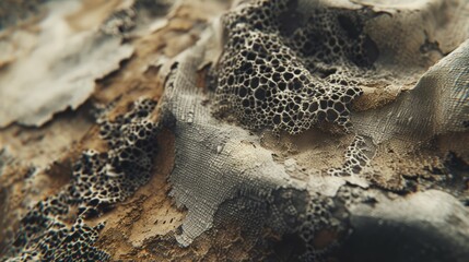 Close examination of moldy fabric, highlighting the detailed textures of decay and moisture impact - obrazy, fototapety, plakaty