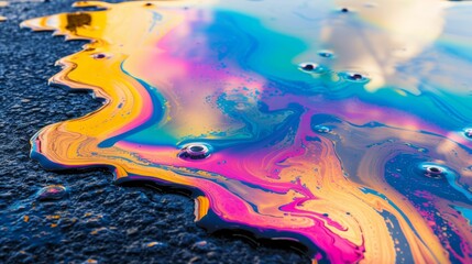 Zoomed-in view of an oil spill on asphalt, showcasing the rainbow sheen and urban texture
