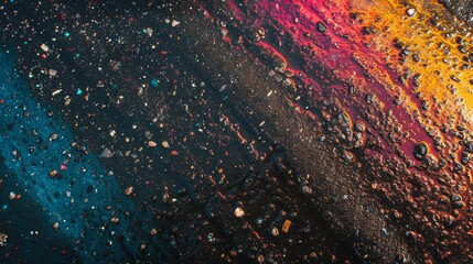 Close examination of asphalt with an oil spill, highlighting the colorful sheen amidst urban decay