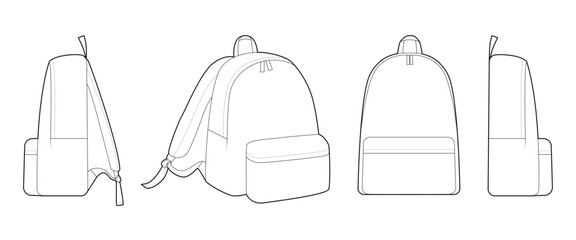 Set of Fashion backpack silhouette bag. Fashion accessory technical illustration. Vector schoolbag front, side 3-4 view for Men, women, unisex style, flat handbag CAD mockup sketch outline isolated © Vectoressa