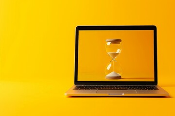 Laptop and hourglass on yellow background

