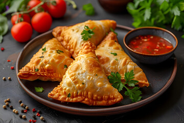 A golden, crispy samosa served on a plate, a delicious and savory Indian snack or appetizer. - obrazy, fototapety, plakaty