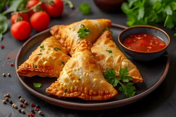 Foto op Aluminium A golden, crispy samosa served on a plate, a delicious and savory Indian snack or appetizer. © NE97